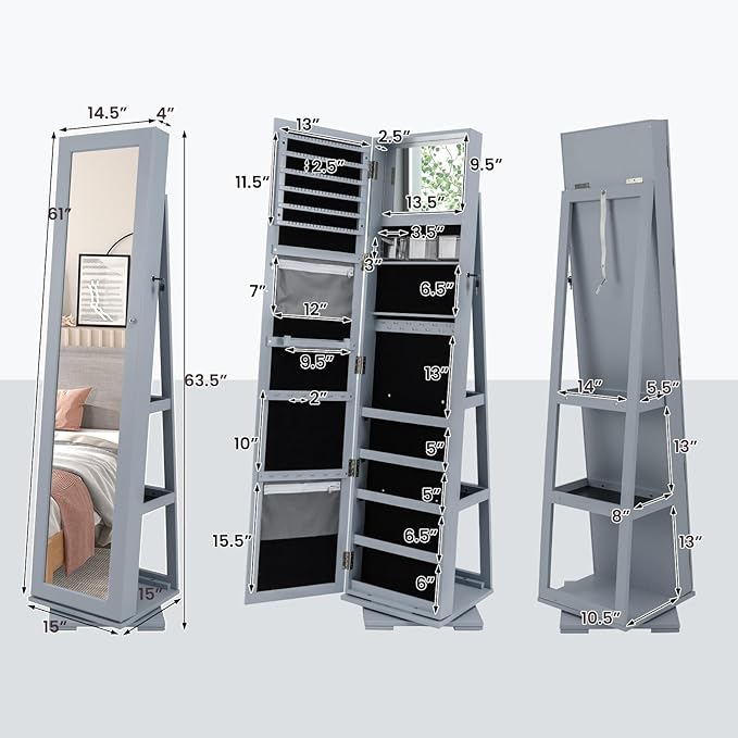 CHARMAID 360° Swivel Jewelry Armoire with Full Length Mirror, Standing Lockable Jewelry Cabinet Organizer, Large Storage Capacity, Inside Makeup Mirror, Back Storage Shelves (Gray)