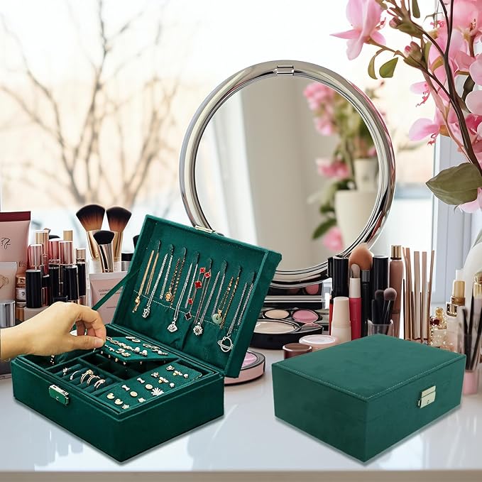 Nsmykhg Velvet Jewelry Box Organizer - 2 Pack Lockable 2 Layer Travel Case with Removable Tray, Jewelry Storage for Women & Men, Jewelry Display Case for Rings, Necklace, Earrings (Green)