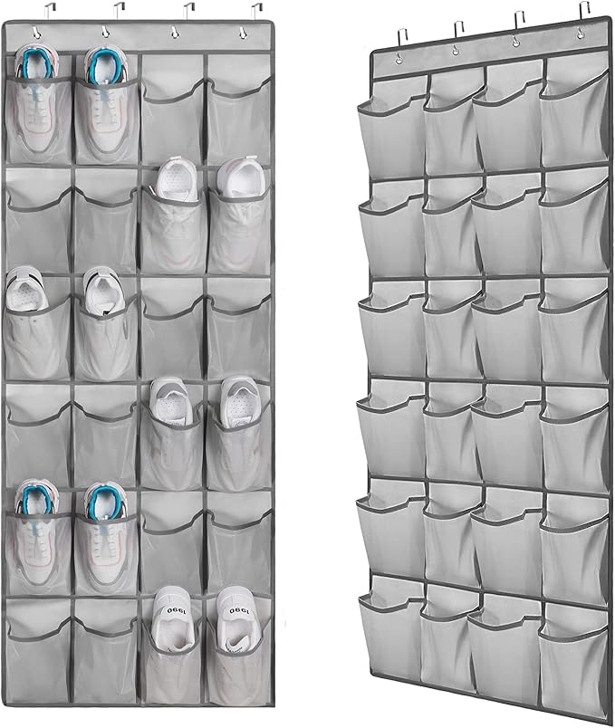 2 Pack Over The Door Shoes Organizers, Behind Door Shoes Hang Holder Rack with 48 Mesh Large Pockets, Clear Fabric Shoes Hanger Storage Organizer Bag for Bedroom,Pantry,Dorm,Gray