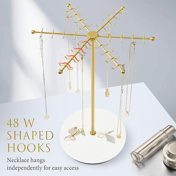 Necklace Holder Jewelry Stand, Rotating Necklace Holder Organizer with 48 Hooks for Necklace Earring Keychains Bracelet Display Stand, Metal Necklace Tree Stand -Women Gifts (Gold)