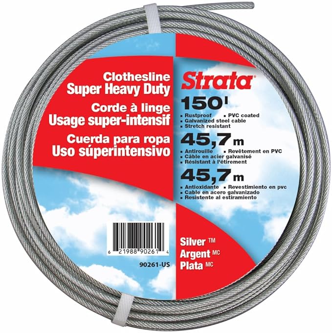 Strata 150 Feet Clothesline Outdoor Heavy Duty Galvanized Wire Steel Cable, Silver PVC Coating - Clothes Line Wires for Outside Laundry Drying