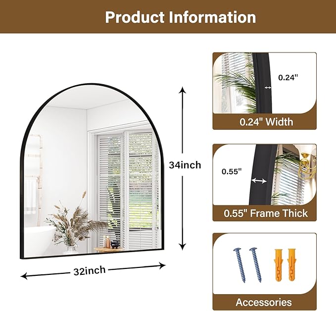 Arched Bathroom Mirror 32" x 34" for Bathroom Vanity Mirror or Wall Decor Black Arch Mirror Aluminum Alloy Frame Wall Mounted Mirror for Living Room Bedroom Entryway