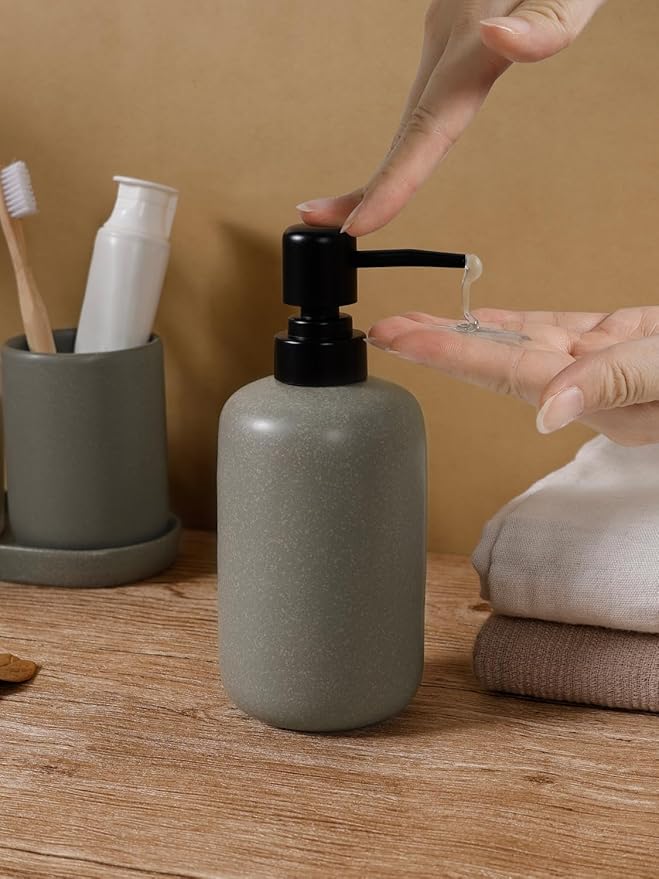 INGOFIN 3 Pcs Ceramic Bathroom Accessory Set - Liquid Soap Dispenser, Toothbrush Holder & Tray, Bathroom Counter Set, Countertop Essentials for Home, Guest Bathroom, or Office Use, Grey