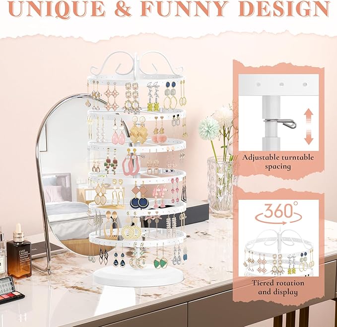 iDavosic.ly 6 Tier Metal Rotating Earring Holder Organizer, 264 Holes Large Stud Storage Display Stands Tree Rack, Adjustable Pierced Hoop Dangle Tower for Women, White