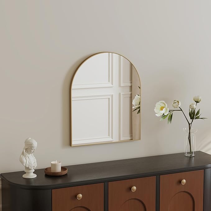 15x18 Inch Compact Gold Arched Mirror Perfect for Small Bathroom Vanity & Decorative Wall Use Space-Saving Brushed Metal Frame Arch Mirror for Bathroom Living Room Bedroom or Entryway