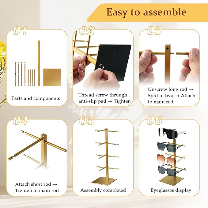 4-Tier Sunglasses Organizer, Sunglass Display Stand, Titanium Brushed Eyeglass Holder Stand, Gold Sunglasses Rack for Homes, Offices, Boutique Shops（PATENT PENDING