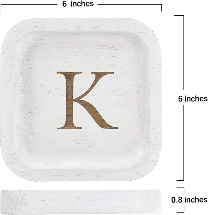 I'm Wooden Personalized Letter Catchall Valet Tray Trinket Dish Jewelry Tray Key Bowl Decorative Plate Organizing Ring Earrings Necklaces Bracelet Watch Coins Wallet Holder (6"x6" Sq White K)