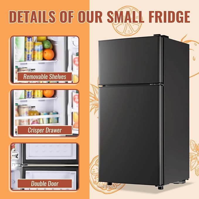 Mini Fridge with Double Doors Small Refrigerator with Separate Freezer & 7 Adjustable Temperature Control, Tiny Size & Personal Fridge Ideal for Office Apartment Dorm Dark Grey