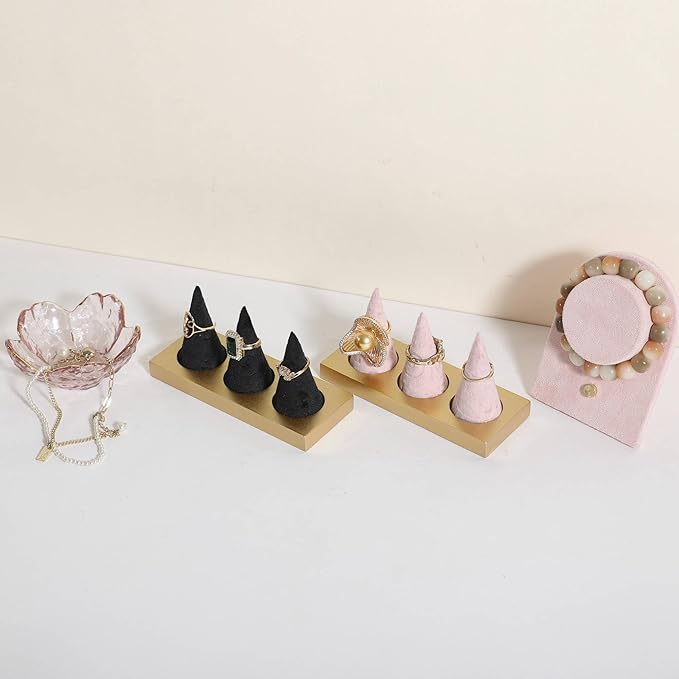 GemeShou black jewelry ring display holder for selling, velvet ring cone display stand, cute cone shaped ring holder with golden coated base,Small jewelry ring storage organizer【Ring holder-black】