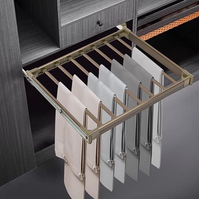 11 Arms Slide Out Pants Rack Closet Pants Hanger Bar Pull Out Trousers Rack Tie Belts Scarf Racks, Top Mounted Wardrobe Clothes Organizers Rail Pull Out Closet Storage Rod-Champagne