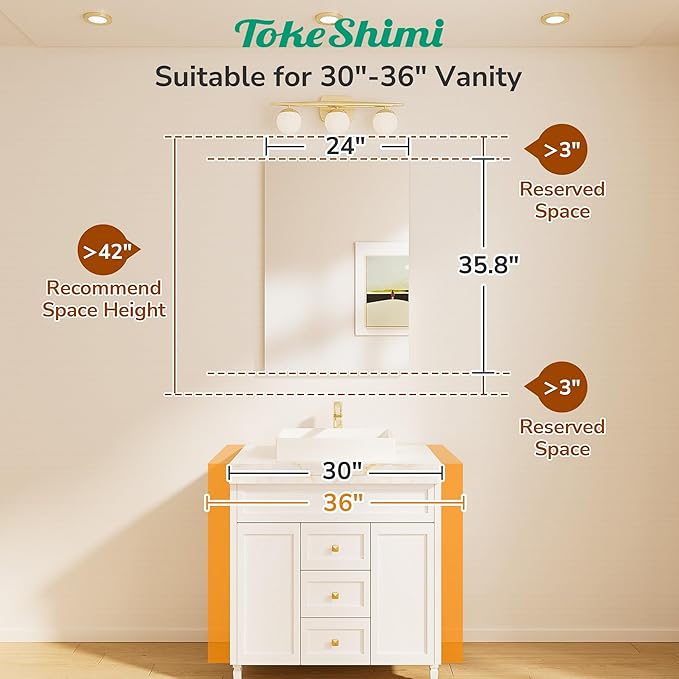 TokeShimi 24x36 Frameless Bathroom Vanity Mirrors for Over Sink, Modern Rectangle Bathroom Mirrors for Wall with Polished Edge Shatterproof Decorative Mirror for Bedroom, Living Room, Entryway
