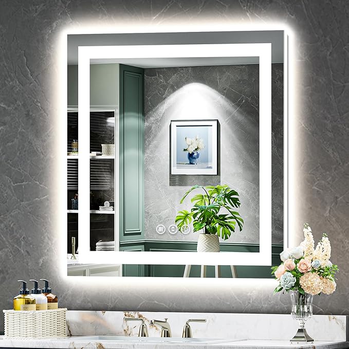 32x32 Inch LED Bathroom Mirror with Lights Front and Backlit Lighted Vanity Mirror for Bathroom Wall with 3 Colors Dimmable Anti-Fog Memory Shatter-Proof IP54 Waterproof Horizontal/Vertical