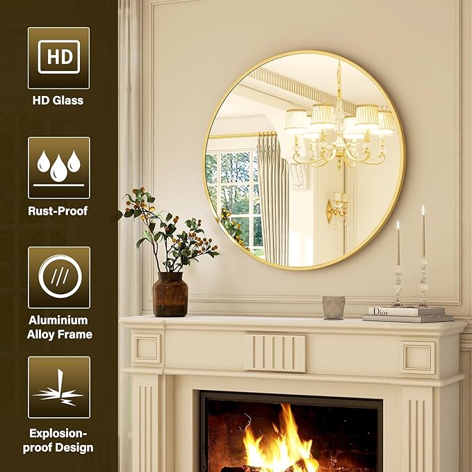24 Inch Round Mirror - Circle Mirrors for Bathroom, Entryway and Living Room Wall Decor, Modern Hanging Vanity Mirror, Matte Gold Circle Decorative Wall Mirror