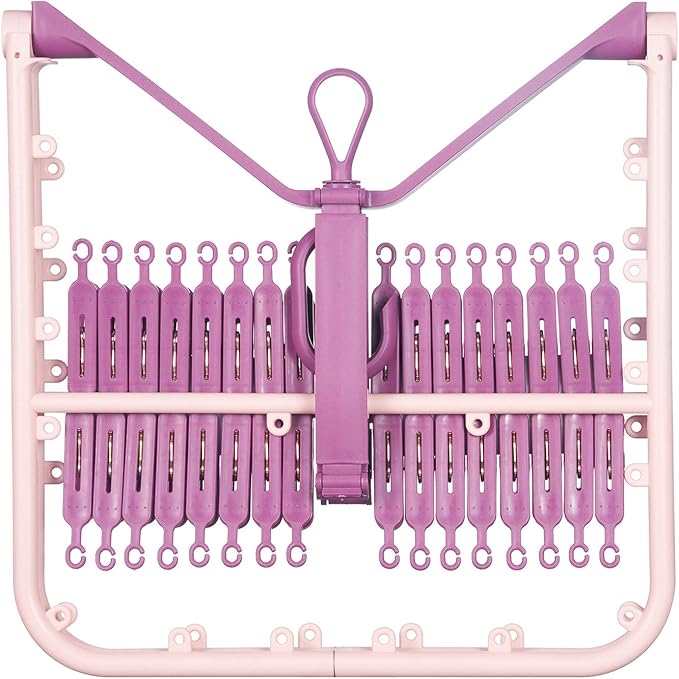 Foldable Clip Hangers with 32 Clothespin Drying Clips,Laundry Clip Drip Drying Hanger for Underwear Socks Bras Lingerie Clothes(Pink)