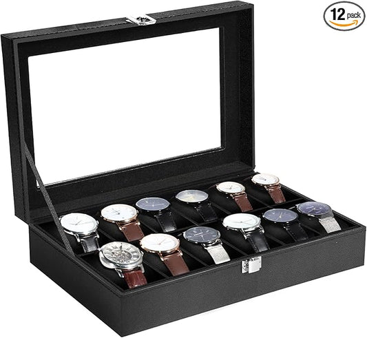 Uten Watch Boxes 12 Slots, Watch Box for Men, Watch Display Case, Watch Storage Box with Removable Cushion, Metal Clasp, PU Leather, Black