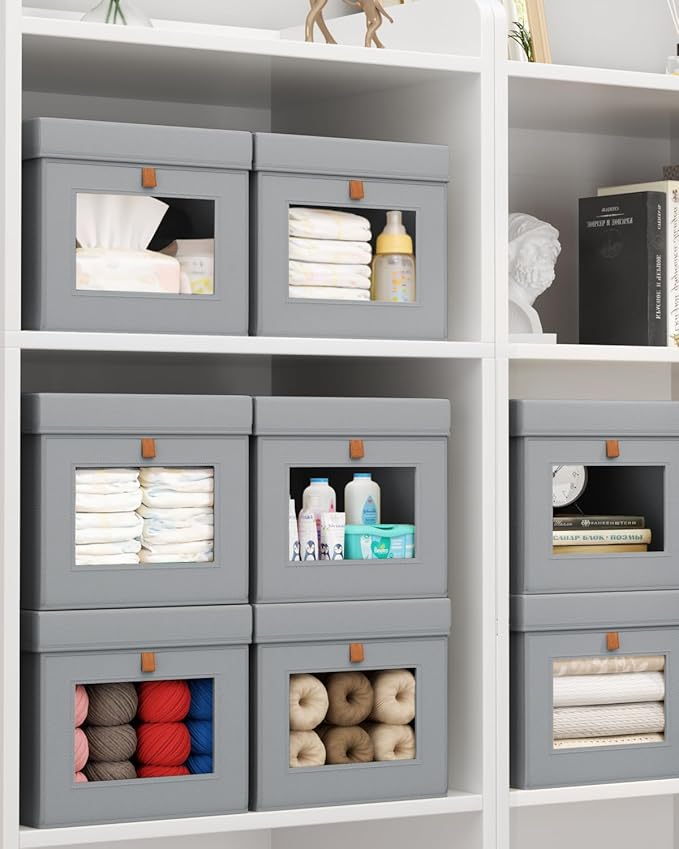 Storage Bins with Lid – Closet Organizer with Side Opening and Clear Window, Foldable Stackable Fabric Basket for Clothes, Home, Office - 13.77" x 11.8" x 9.8", 5 Pack, Grey
