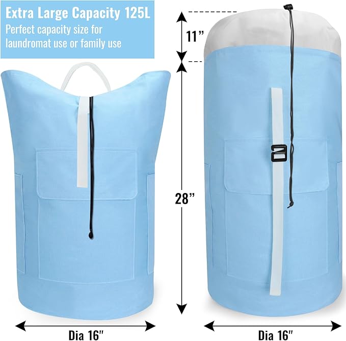 Laundry Bag Backpack, 125L Extra Large Laundry Backpack with Shoulder Straps, Adjustable Extendable Laundry Hamper Bag with 3 Pockets for College, Travel, Camping (Light Blue)