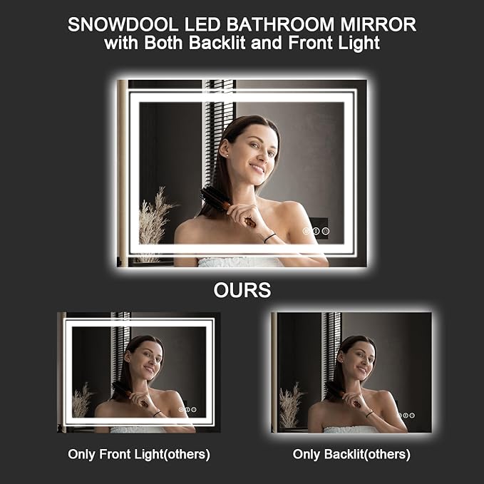 LED Bathroom Mirror, 48"X30" with Front and Backlit, Anti-Fog, Large Bathroom Vanity Mirror for Wall, Memory Function, Stepless Dimmable, Tempered Glass (Horizontal/Vertical)