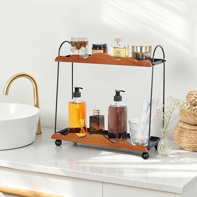 2 Tier Bathroom Countertop Organizer, Vanity Organizer and Storage for Skincare Perfume, Large Capacity Makeup Standing Counter Rack, Wood Counter Shelf for Bathroom Decor/Kitchen/Coffee Bar