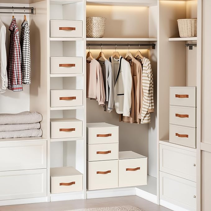 DIMJ Closet Organizers and Storage - Fabric Storage Bins with Drawers Stackable Closet Bins with Labels for Clothes, Sweaters, Bedding, Collapsible Storage Cubes for Bedroom, Living Room, Shelf