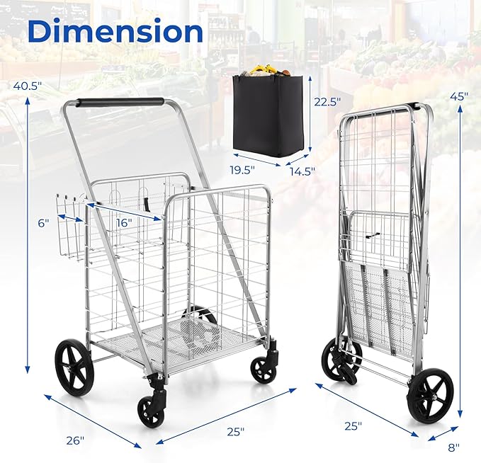 Goplus Shopping Cart for Groceries, Jumbo Upgraded Folding Grocery Cart with Waterproof Liner, 330 LBS Weight Capacity, 360° Swivel Wheels, 33 Gal Double Basket, Heavy Duty Foldable Utility Cart