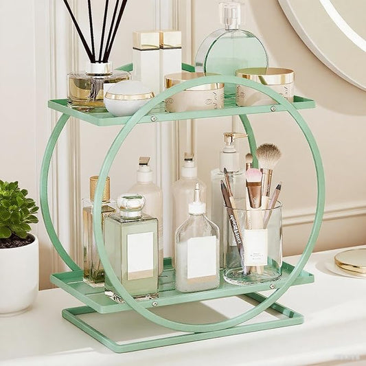 Green Perfume Organizer for Dresser, 2-Tier Bathroom Counter Organizers, Elegant Round Makeup Organizer for Vanity, Versatile Bathroom Tray Countertop Shelf, Compact Skincare Storage