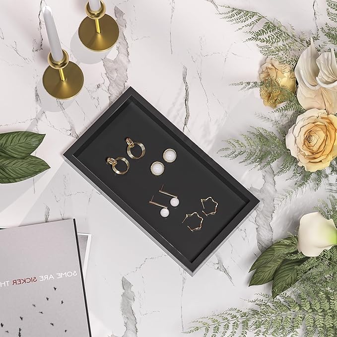 ZHWS Small Bathroom Vanity Tray for Countertop Makeup Perfume Decor Candle Jewelry, Small Kitchen Tray for Soap Dispenser Spice Sponge Holder Black Toilet Tray 7.9”L x 4.4”W x 1.14”H