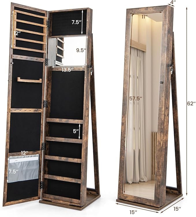 GOFLAME Jewelry Cabinet with Full-length Mirror, Jewelry Storage Organizer with Makeup Mirror, Back Storage Shelf, Lockable Jewelry Cabinet Armoire for Bedroom, Living Room (Brown)