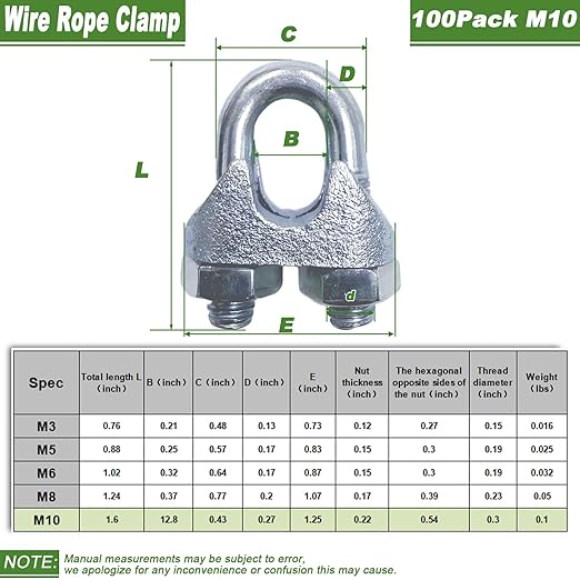 100PCS 3/8" M10 Zinc-Plated Wire Rope Clamps – Heavy Duty U-Bolt Cable Clips (Silver)