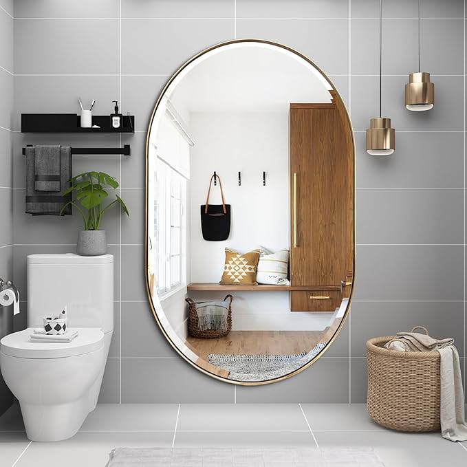 POZINO Gold Oval Mirror, Brass Beveled Mirror with Stainless Steel Frame, 28"x48" Large Rounded Rectangle Mirrors for Over Sink, Modern Oblong Vanity Wall Mirrors for Bathroom Bedroom Living Room