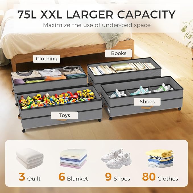 Under Bed Storage with Wheels 4-Pack, 75L XXL Under the Bed Storage Containers Large, 12" Tall Adjustable Storage for Underbed with Lids, Rolling for Shoes, Clothes, Blankets (4PCS-Grey)