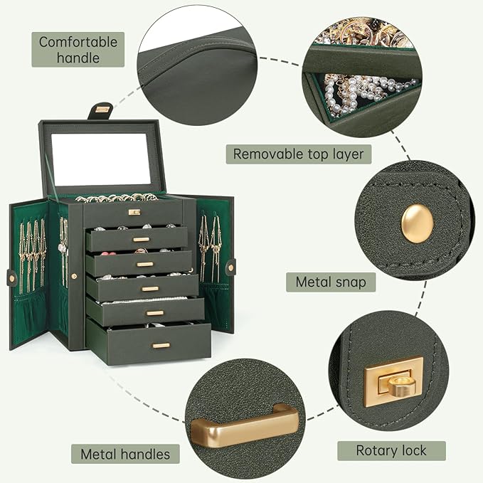 AKOZLIN 6-Tier Jewelry Box Organizer Functional 5 Drawers Leather Jewelry Storage Case for Women Girls Ring Necklace Earring Bracelet Holder Organizer with Mirror Dark Green