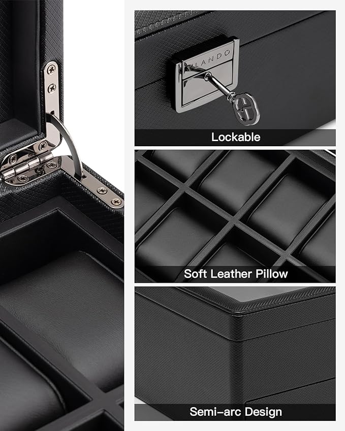 Vlando Watch Box 10 Slots, Lockable Watch Case with Textured Leather, 2 Layer Watch Holder for Rings, Glasses, Mens Jewelry Box with Glass Lid, Removable Divider, Gifts for Father, Husband, Black