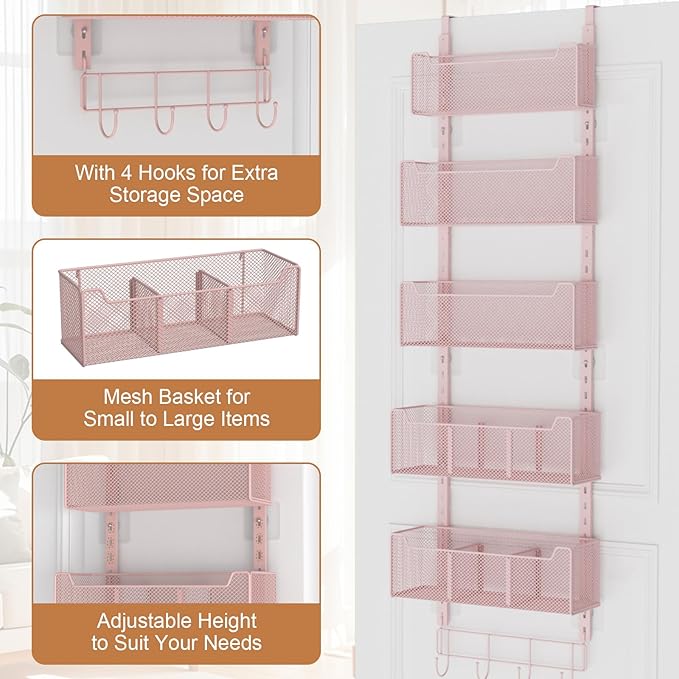 Over The Door Organizer, Metal Door Organizer Hanging with 5 Adjustable Baskets and Coat Hook, Behind The Door Storage for Bedroom Closet Bathroom Pantry Cabinet Kitchen, Pink