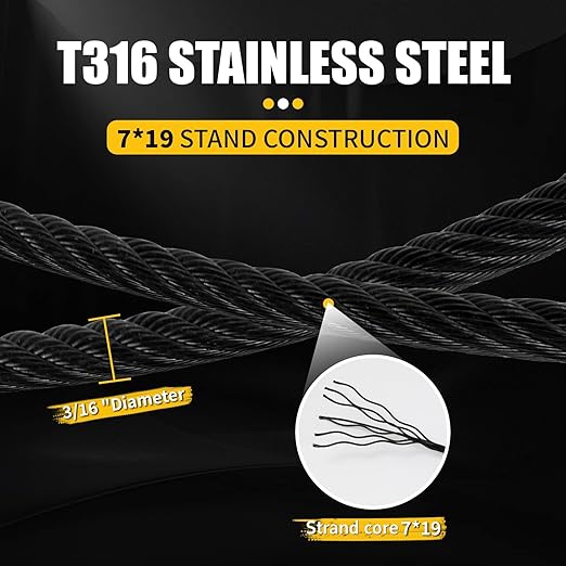 T316 Black 3/16“ Stainless Steel Cable 500ft Wire Rope 7x19 Strands Marine Grade Aircraft Cable 3700lbs Breaking Strength, Cable for Stair Fence Porch Deck Cable Railing, Clothesline & Yard Zipline