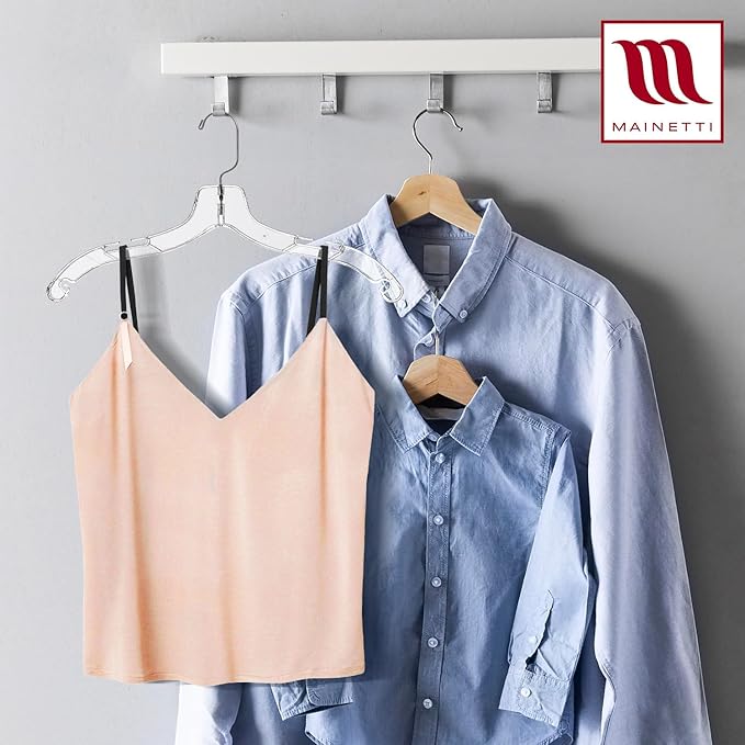 Mainetti Clear Plastic Clothes Hangers 50 Pack | 17-Inch Space Saving Hangers with 360 Swivel Metal Hook & Notches for Straps | Closet Hangers Ideal for Shirts, Tops, Dresses and Jackets (5400SCR50)