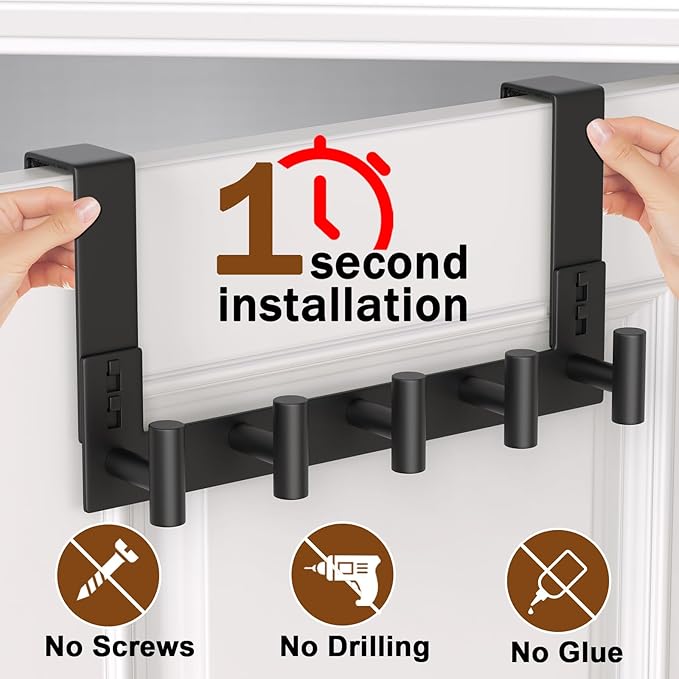 Stainless Steel Over Door Hooks, Over Door Hanger Holder for Robe Cloths, Heavy Duty Towel Hooks, Coat Rack, Doors Organizer for Bathroom, Bedroom, Locker Room & Closet (1 Pack, Black)