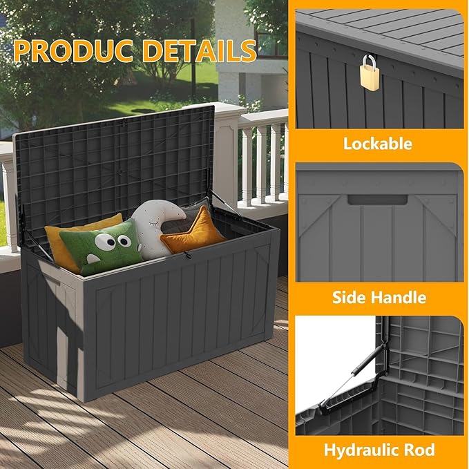 110 Gallon Resin Deck Box Waterproof Outdoor Storage Box for Patio Furniture Pool Accessories Indoor Storage for Cushion Garden Tools, Gray