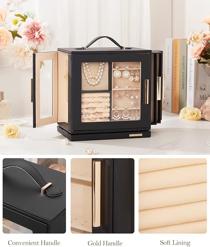 Homde Valentine's Day gifts Jewelry Box 360° Rotating, Necklace Earring Organizer with Transparent Window, Mirror, 7 Drawers, Large Ring Display Storage Case for Girls Women (Black)