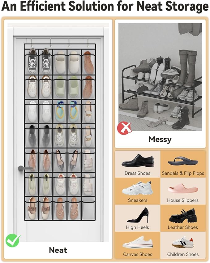 dodowin Over the Door Shoe Organizers, 2 Pack - 35 Deep Mesh Pockets Each, Over The Door Shoe Rack with 4 Metal Hooks Each, Space Saving Hanging Storage Holder for Closets, Shoes & Accessories, Gray