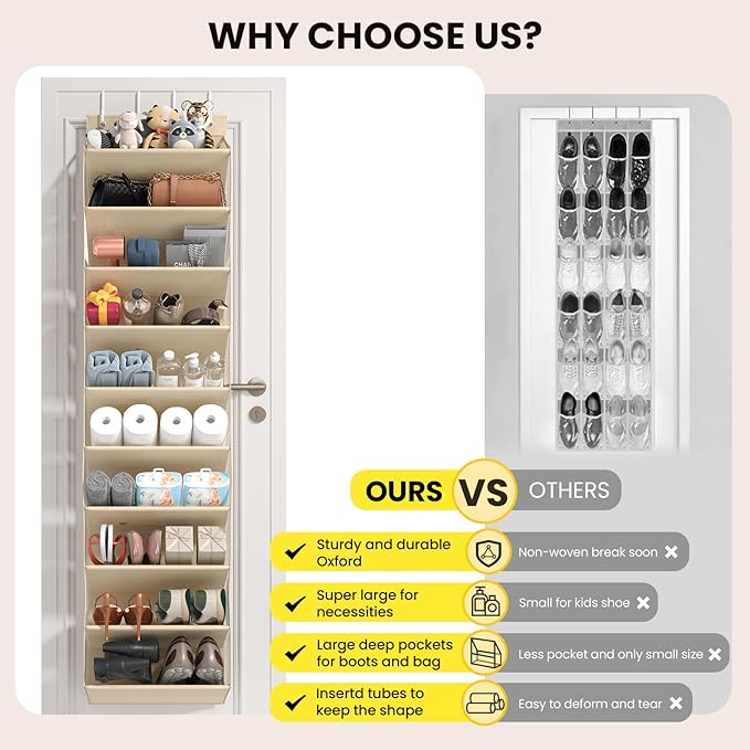 10 Tier Clear Over the Door Shoe Organizer with Deep Pockets, Door Shoes Rack with Hard Tube to Keep the Shape, Hanging Shoe Rack for Closet Organizers & Storage, Behind Door Shoe Holder Beige