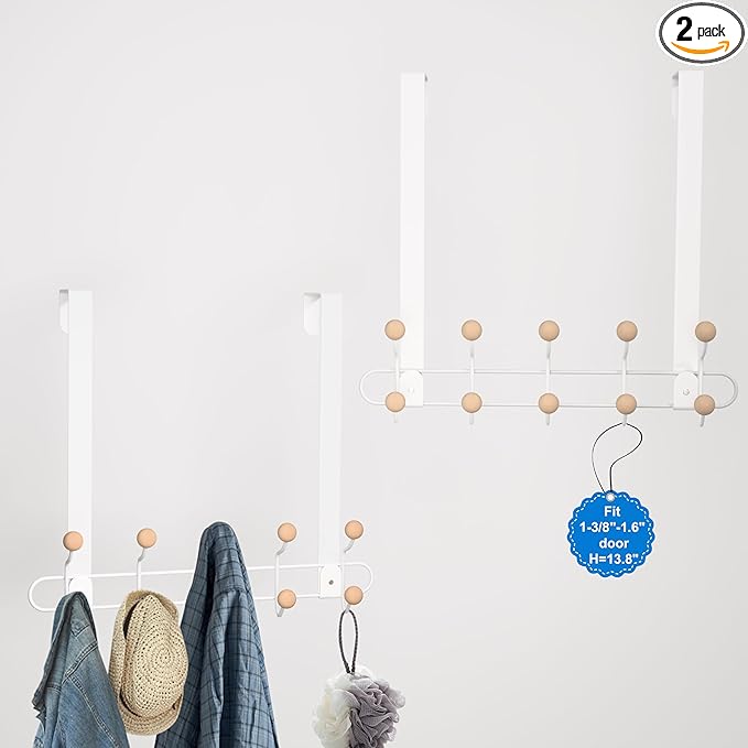 2 Pack Over The Door Hooks(13.8" H) with 10 Wooden Knobs, Over Door Hanger, Heavy Duty No Drill Hanger for Towels, Coats, Hats, Bags in Bathroom, Bedroom, Kitchen, Living Room