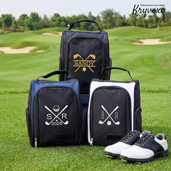 Personalized Golf Shoe Bag for Men, Custom Golf Bag with Embroidered Name, Zipper Sports Shoe Carrier with Top Strap and Side Pockets for Socks, Towels, Gloves, Large Capacity, Golfer Gifts