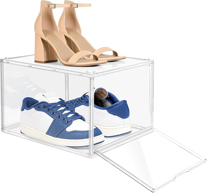 1 Pack Drop Front Clear Shoe Boxes Fit Size 13, Acrylic Shoe Organizer Stackable with Front Magnetic Door for Closet, Entryway, Underbed, Multiple Clear Display Cases for Hats, Figures, Sneakers