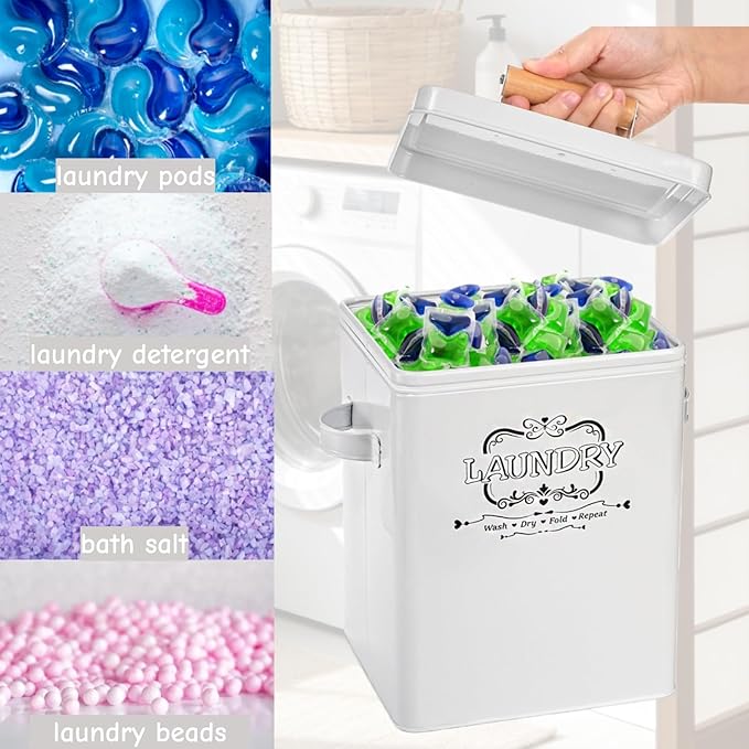 Goaste Metal Laundry Detergent Container, 100oz Modern Laundry Soap Dispenser with Scoop & Lid, Farmhouse Laundry Powder Storage Bin, White Laundry Pod Canister Tin Box for Laundry Organization