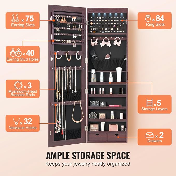 VEVOR Mirror Jewelry Cabinet, 47.2-Inch Tall Lockable Jewelry Armoire with Full-Length Mirror, Wall/Door Mounted Organizer with LED Lights and Velvet Lining, Brown