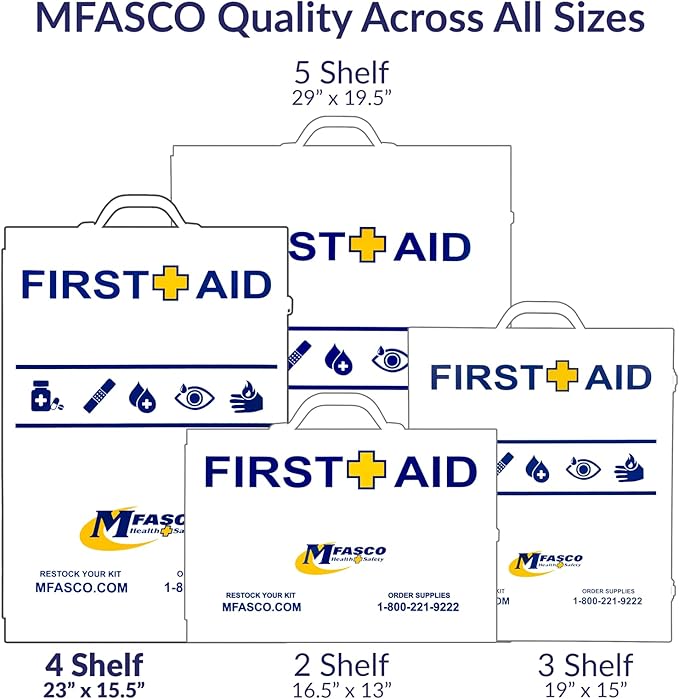 MFASCO 4 Shelf Commercial First Aid Kit, Type I & II, 2021 OSHA Approved,ANSI Z308.1-2021 Compliant, 528 pcs Latex-Free, Wall Mount Cabinet,No Medications,Easy Refilling Instructions, with Tourniquet