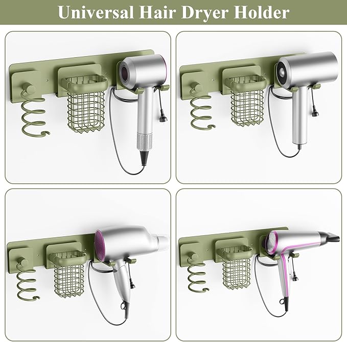 Tindbea Upgraded Aluminum Alloy Hair Dryer Holder Wall Mounted with Built-in Cord Wrap,3-in-1 Hair Tool Organizer for Blow Dryer, curling iron, and straightener, Green
