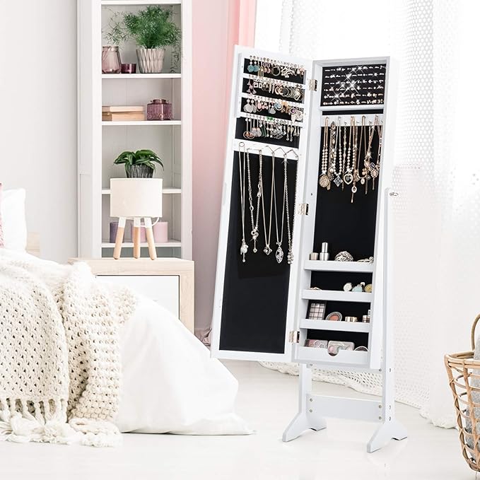 GOFLAME Jewelry Cabinet, Jewelry Organizer with Full Length Mirror Door, Standing Makeup Mirror Cabinet, Freestanding Jewelry Organizer with Large Storage Capacity (White)