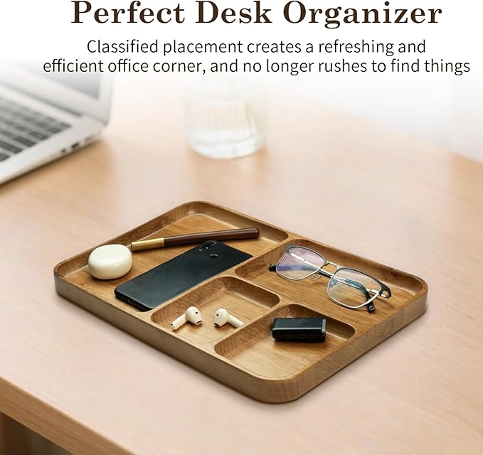 Desk Drawer Organizer Tray Wooden Valet Trinket Catch All Key Nightstand Tray with 4 Deep Dividers, 14x10x1'', Solid Wood Carved